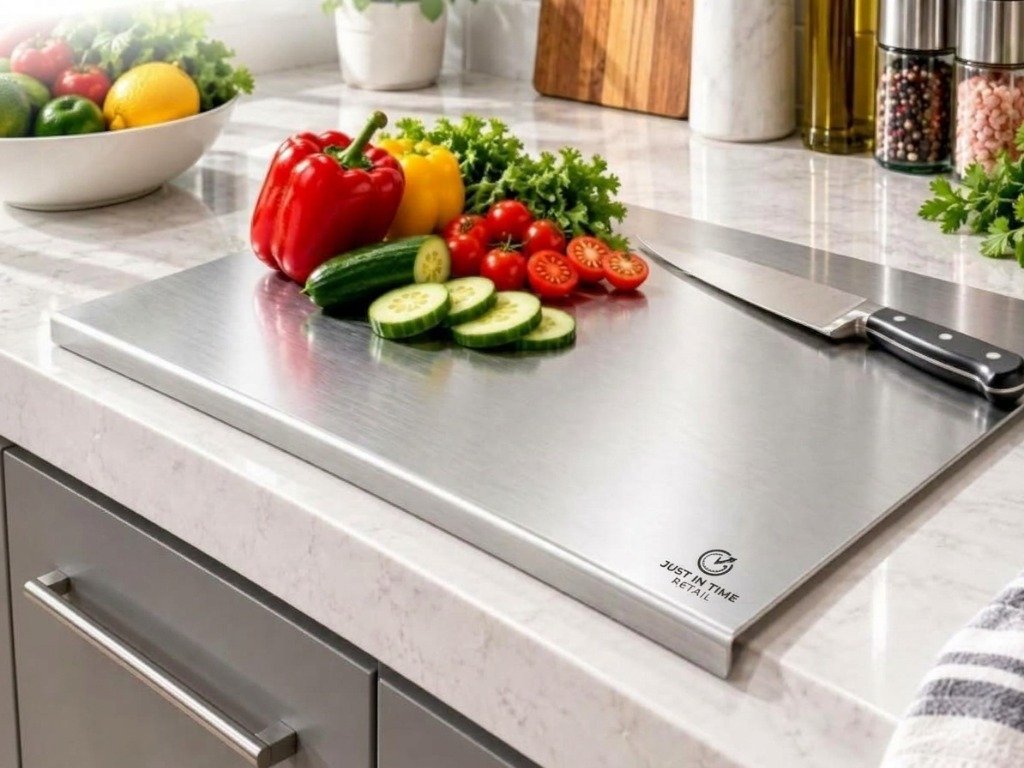 Official Just In Time Retail 304 Stainless Steel Cutting Board on kitchen counter